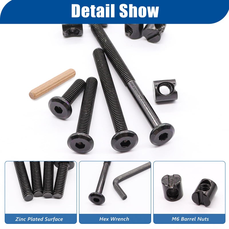 Taiss 16 Set Crib Screws M6x20mm/ 40mm/ 60mm/ 80mm Baby Bed Crib Bolts Hardware Replacement Kit Hex Socket Cap Screws Bolt Barrel Nuts&Dowel Pins for Beds Furniture - Image 3